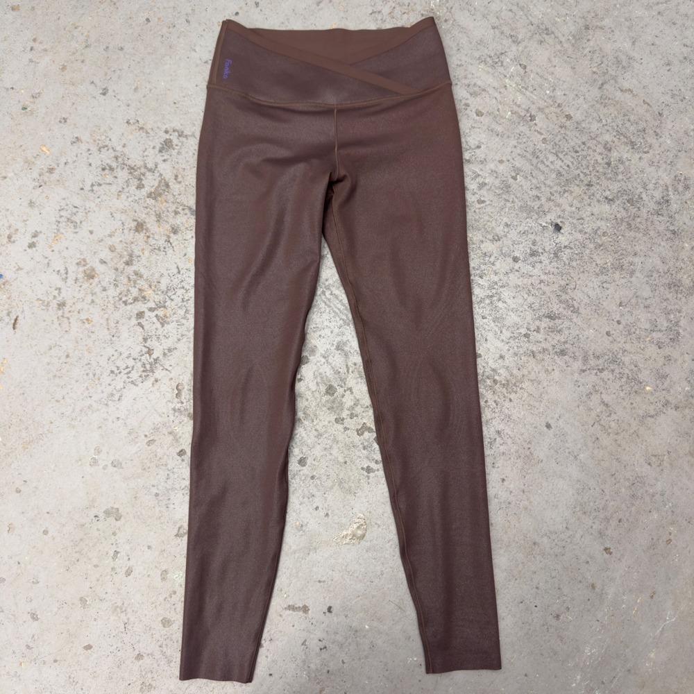 Fanka Body Sculpt Faux Leather Reversible Leggings Brown Crossover Waist Medium
